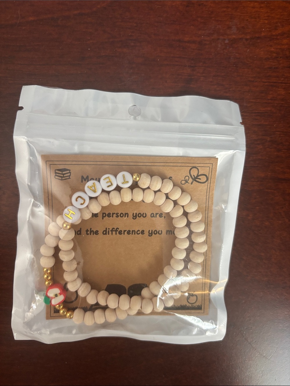 Beaded 'Teach' Bracelet Set in Natural Wood and Gold